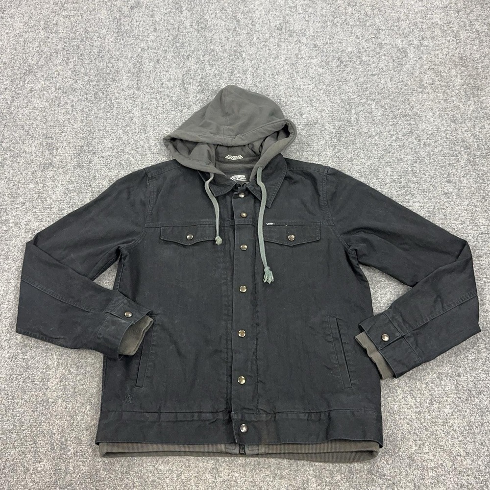 Vans Jacket Mens Large Black Hooded Denim Fleece Lined Varsity Full Zip Snap